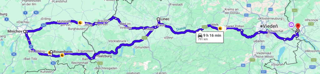 Mapa trasy pravidelnej prepravy osôb v Rakúsku. (Viedeň, St. Polte, Linc, Salzburg, Wels,Braunau am in, Bregenz )